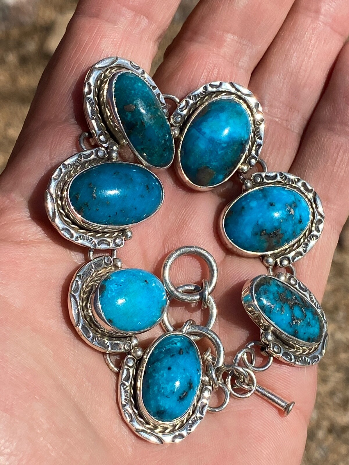 49.05 Gram Turquoise Persian Blue Cabochon Bracelet Bezel Sterling Silver Ttl Wt