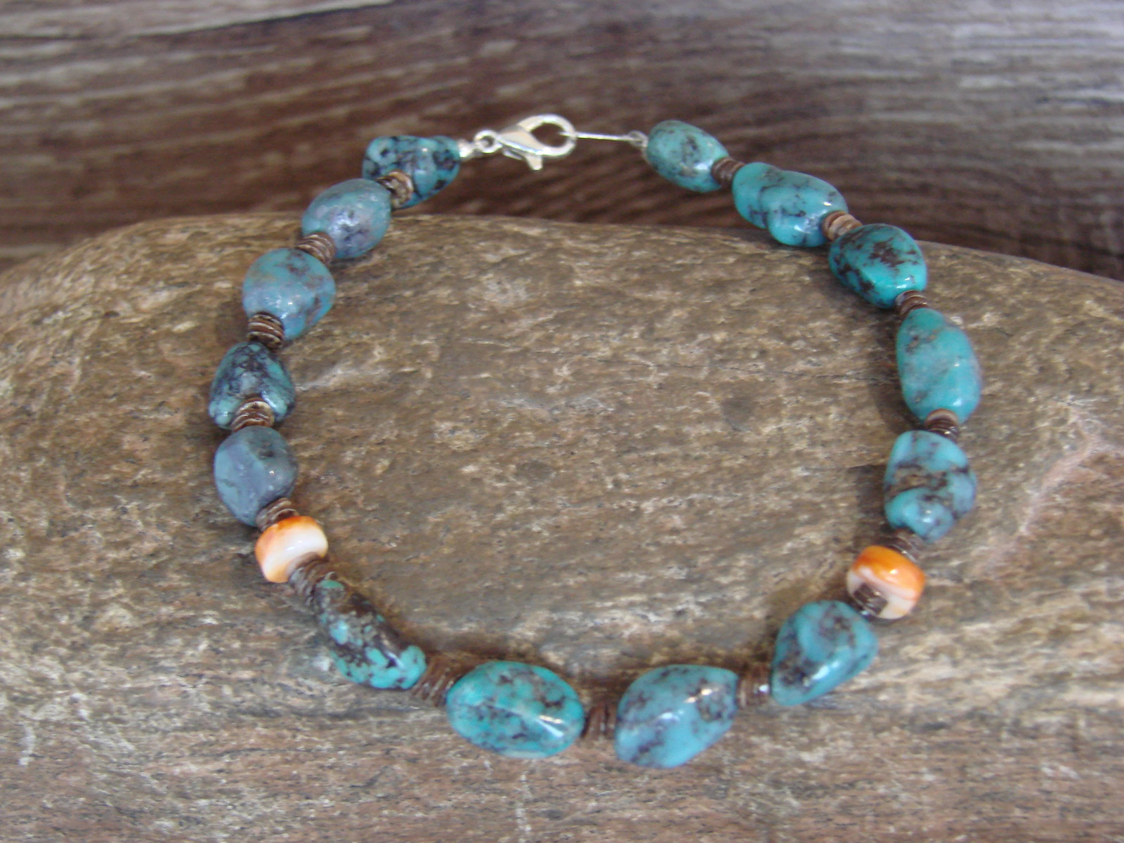 Native American Sterling Silver Turquoise & Spiny Nugget Stone Bracelet by Coriz