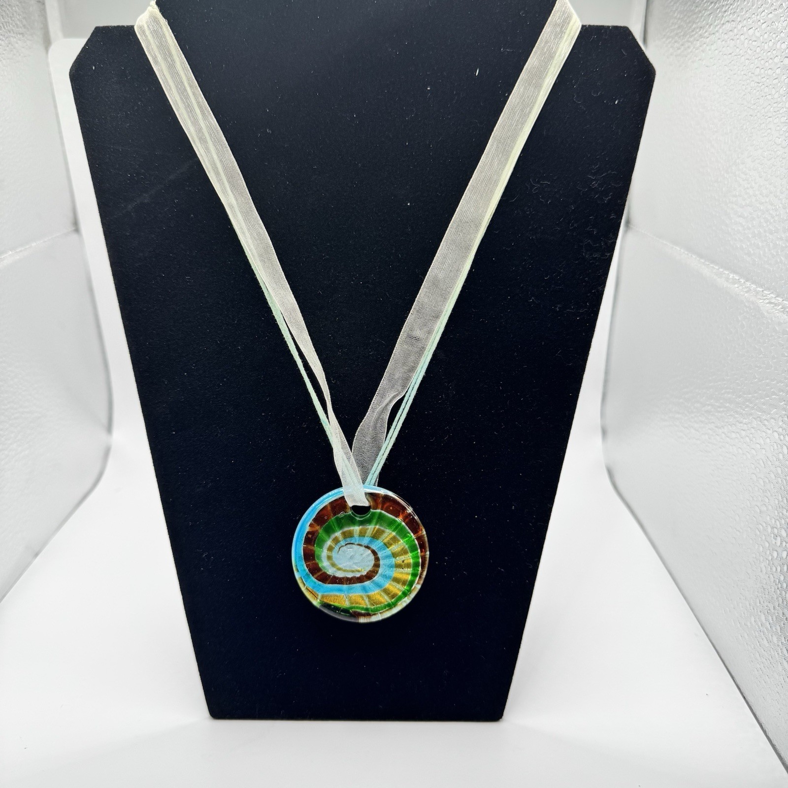 Artisan Glass Pendant Necklace Multicolor Spiral Round Disk Ribbon Cord Boho