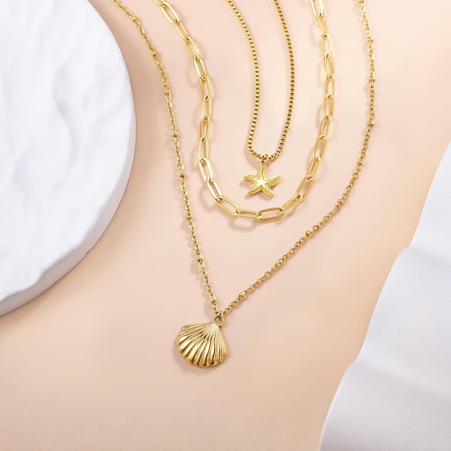 14k Gold Layered Starfish & Seashell Necklace – Adjustable Summer Jewelry