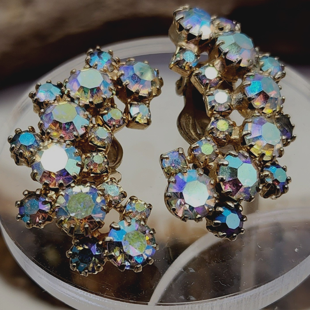 Weiss Aurora Borealis Rhinestone Iridescent 1.25″ Crescent Clip Earrings VTG