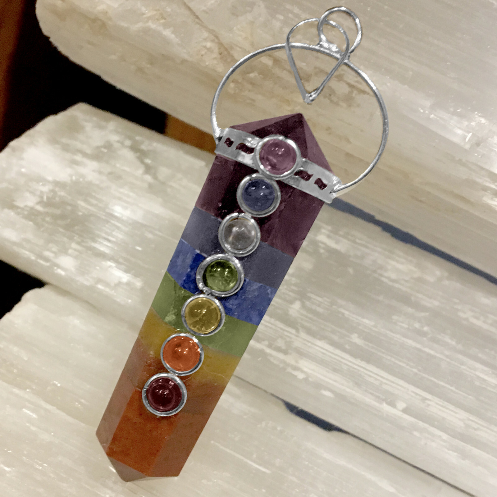 Rainbow Chakra Crystal Double Point Pendant 7 Bonded Stone Necklace Reiki Healin