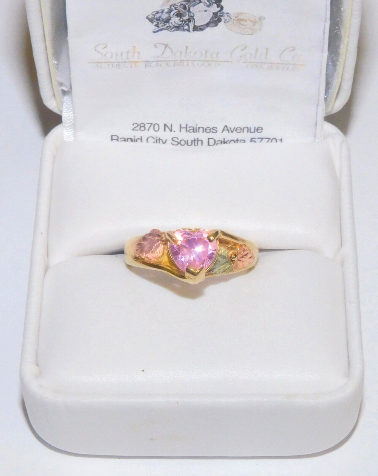 Black Hills Gold 10k Pink Tourmaline Heart Leaves Ring Size 7