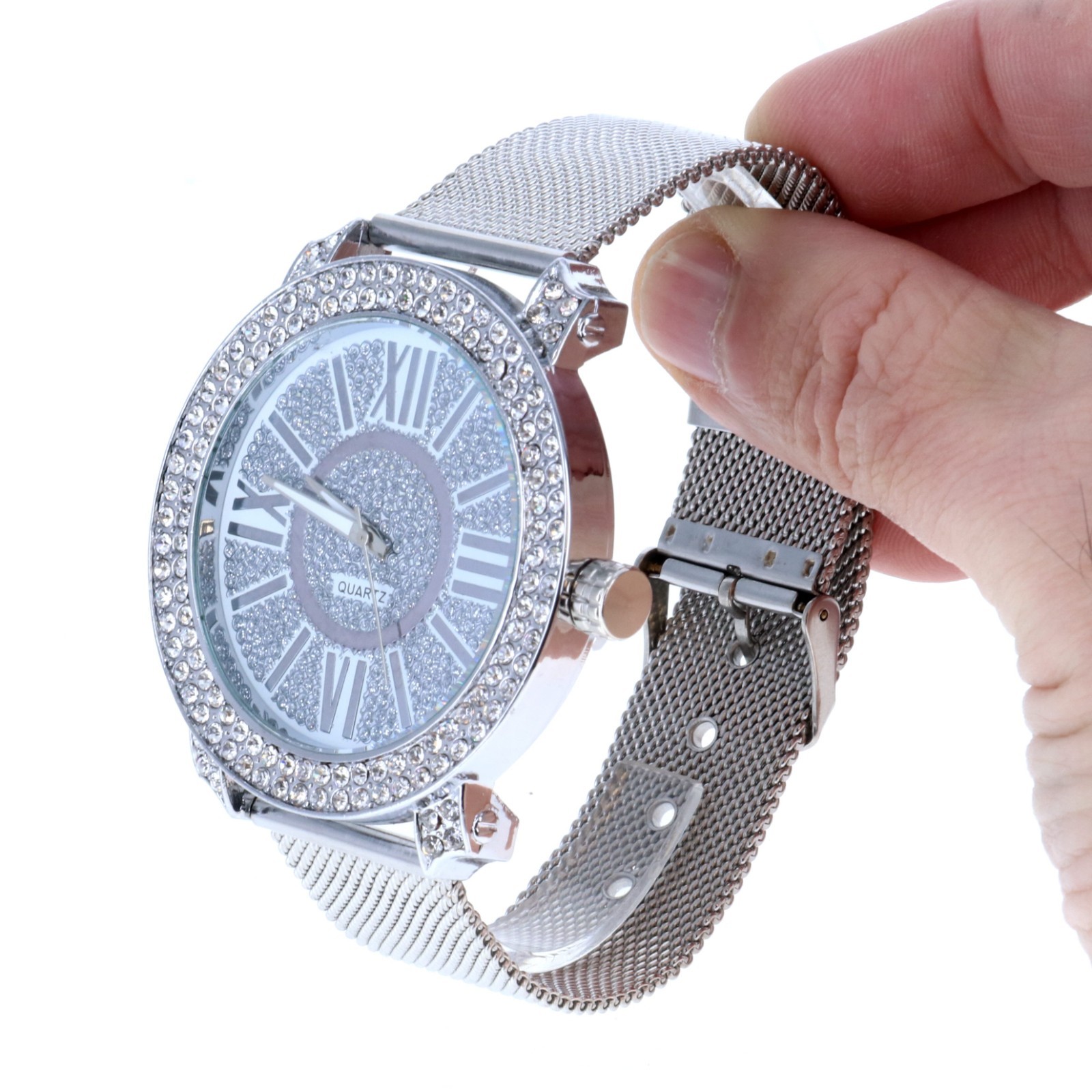 Hip Hop Iced Silver Finish Fashion Metal Mesh Band Bling Watch