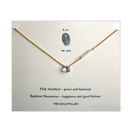 b.u. Pink Amethyst Teardrops & Rainbow Moonstone Necklace 14K Gold Filled BOXED