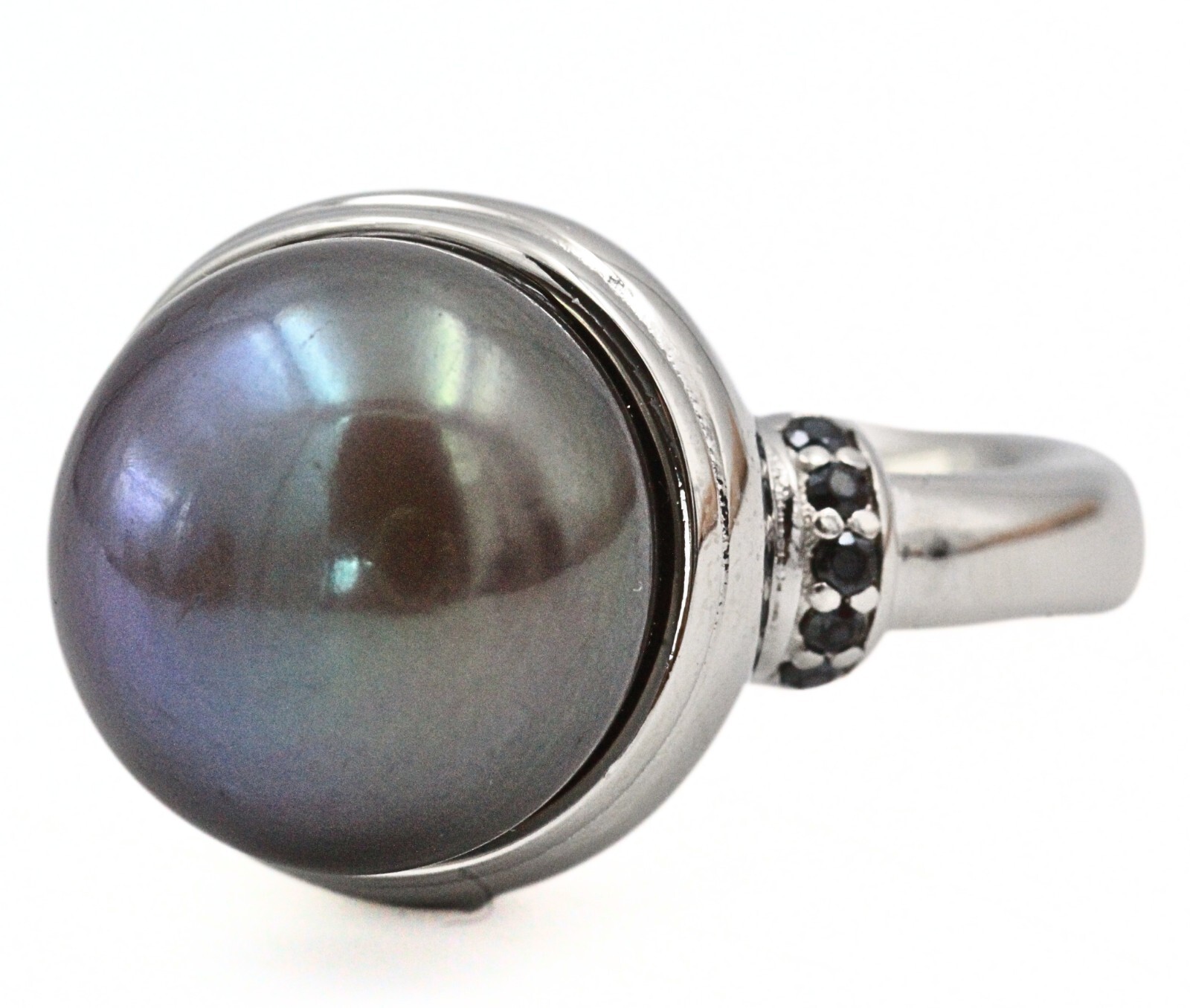 Bronze Signed Made in Italy Stainless Steel Black Freshwater Pearl Ring Sz 7