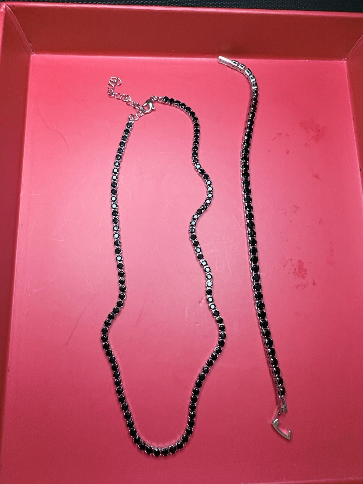 Silver-Tone Black Round Crystal Tennis Chain Necklace Prong Set Lobster Clasp