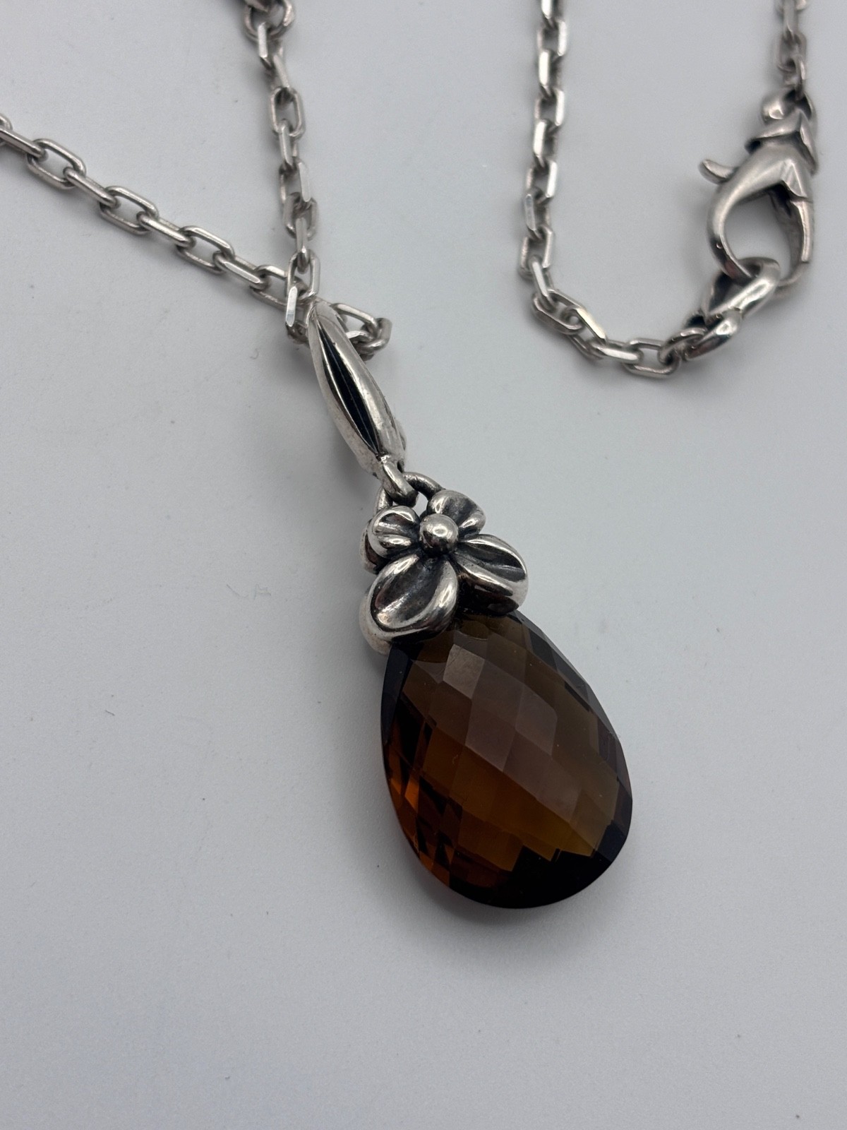 Ann King Pendant Necklace Sterling Silver Smoky Quartz Floral Faceted Enhancer