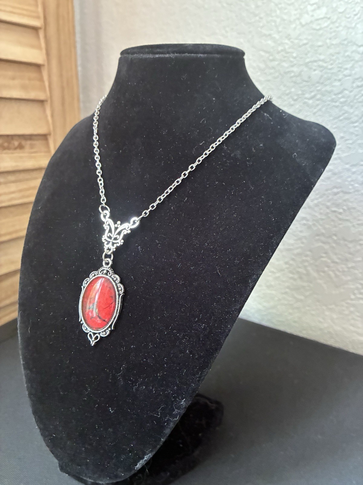 Silver Tone Cable Chain Necklace Red Oval Cabochon Bezel Pendant Charm