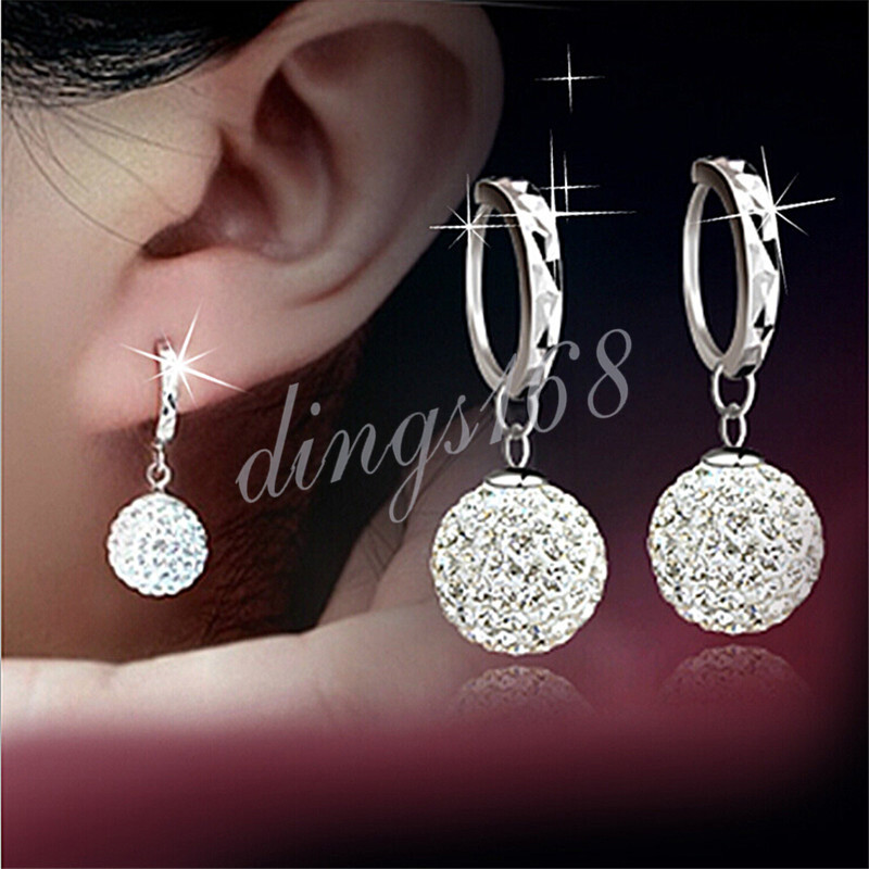 Classic Solid 925 Sterling Silver Crystal Disco Ball Hoop Dangle Earrings Y1046