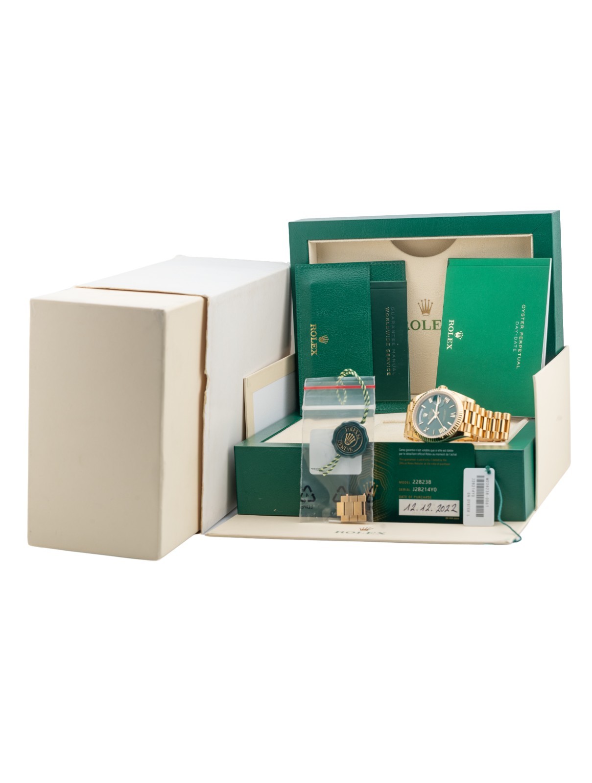 Rolex Day-Date President 40 18k Yellow Gold ‘Money Green’ Dial 228238 – Complete