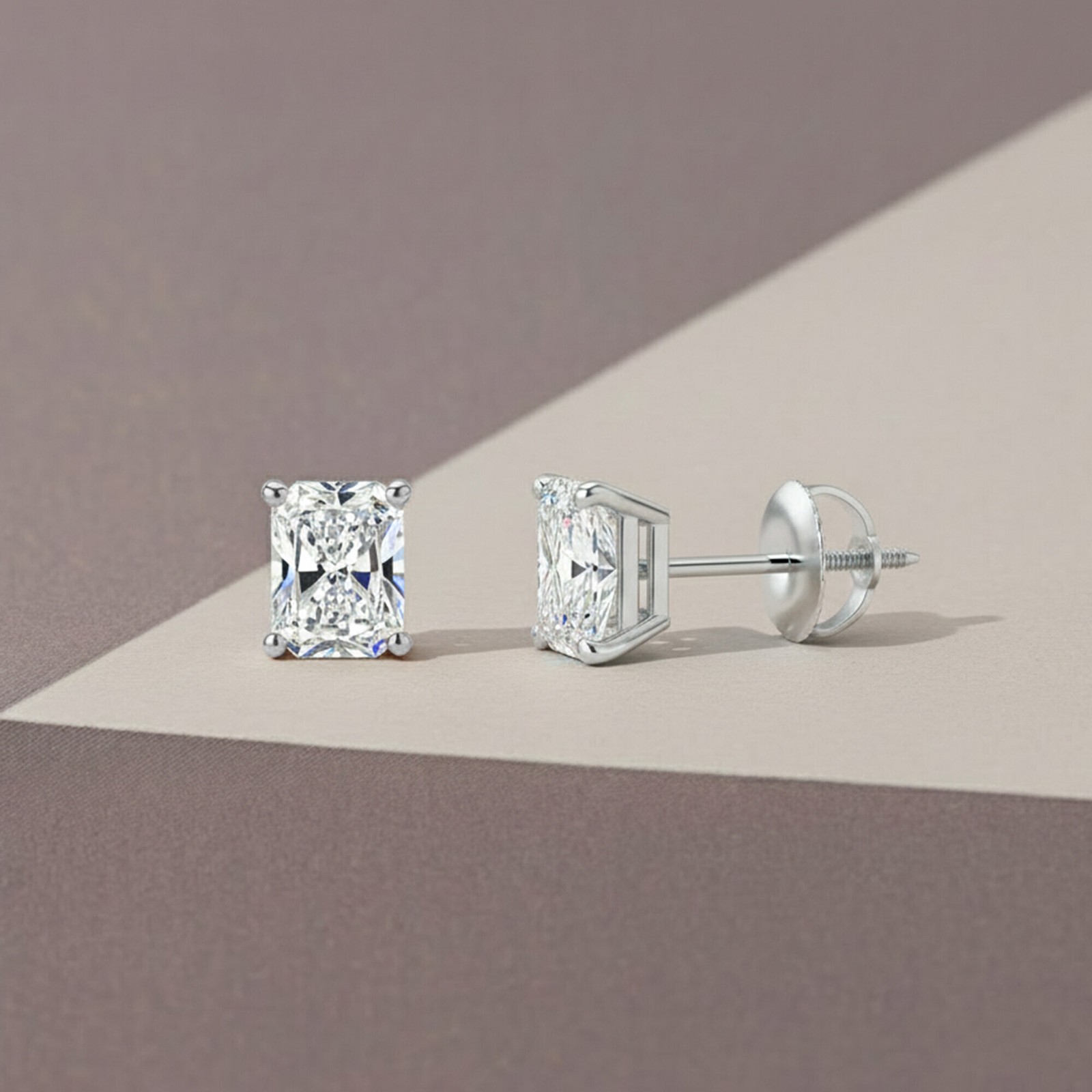 2 Ct Radiant Lab Created Moissanite Earrings 18k White Gold Vermeil Screw