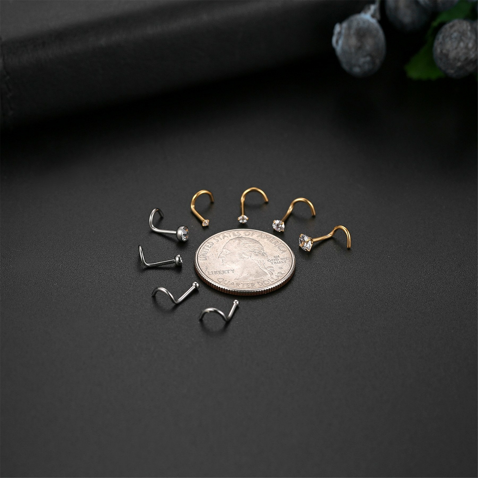 8pcs 18G Surgical Steel Round CZ L-Shaped Nose Screw Studs Rings Body Piercing