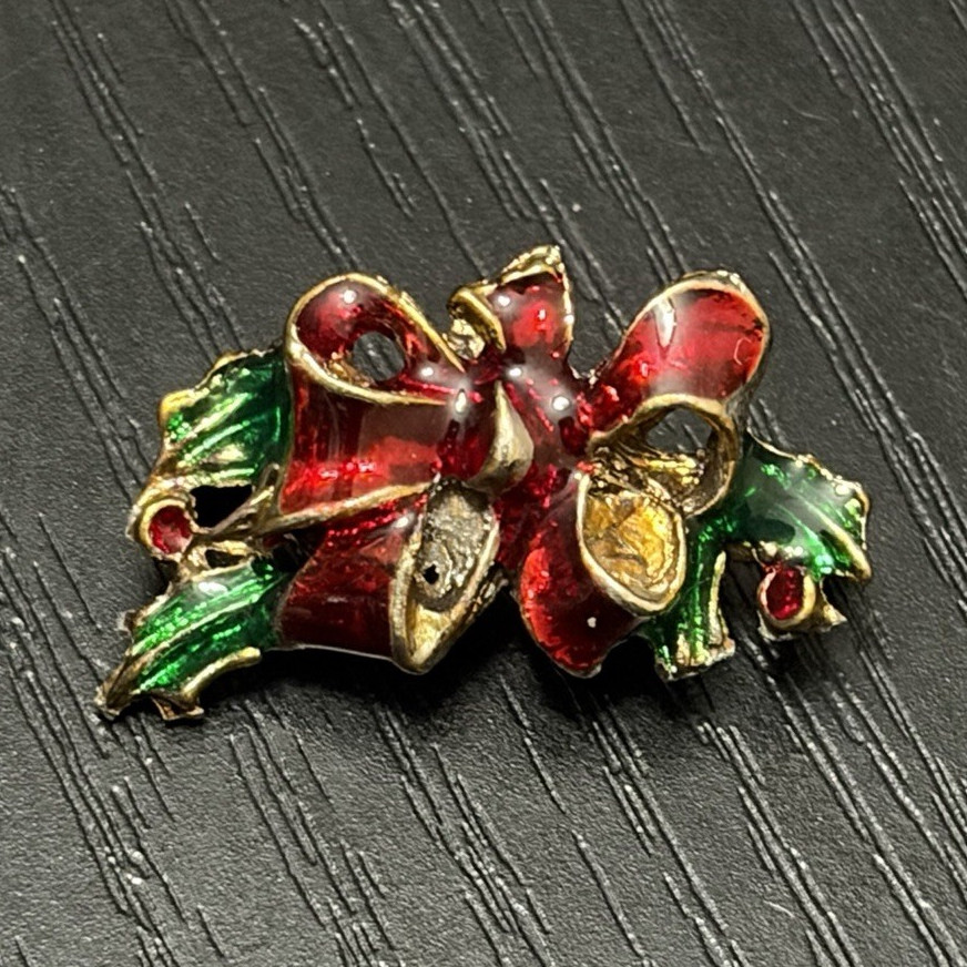 Gold Tone Red Green Enamel Flower Brooch Pin Clear Rhinestone Accent