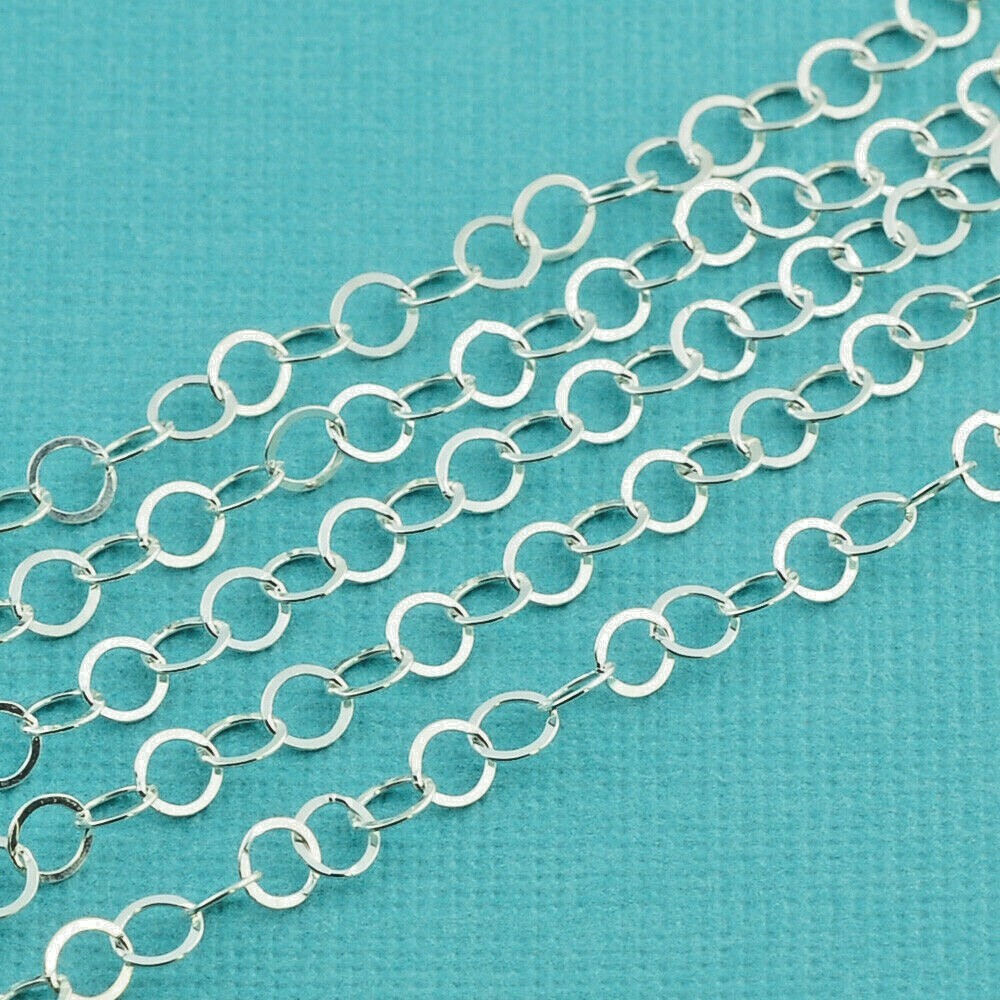 3.7mm Sterling Silver Bulk Chain Flat Round Circle Cable link By Foot