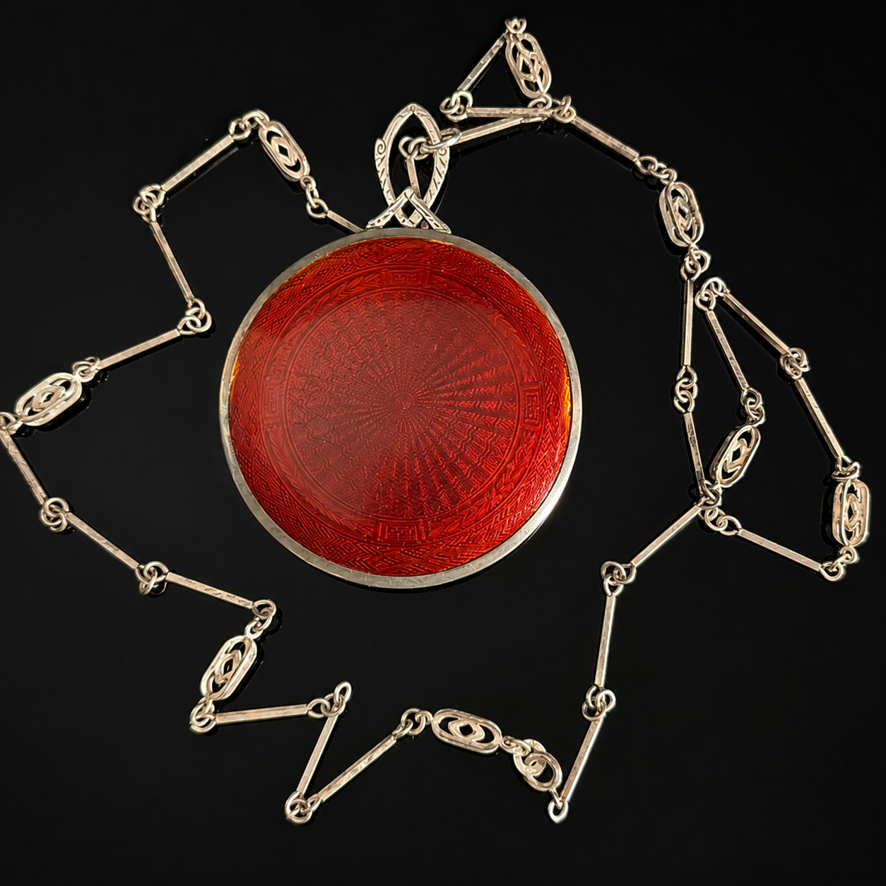 Antique Foster & Bailey Sterling Silver Red Guilloché Enamel Mirror Pendant Neck