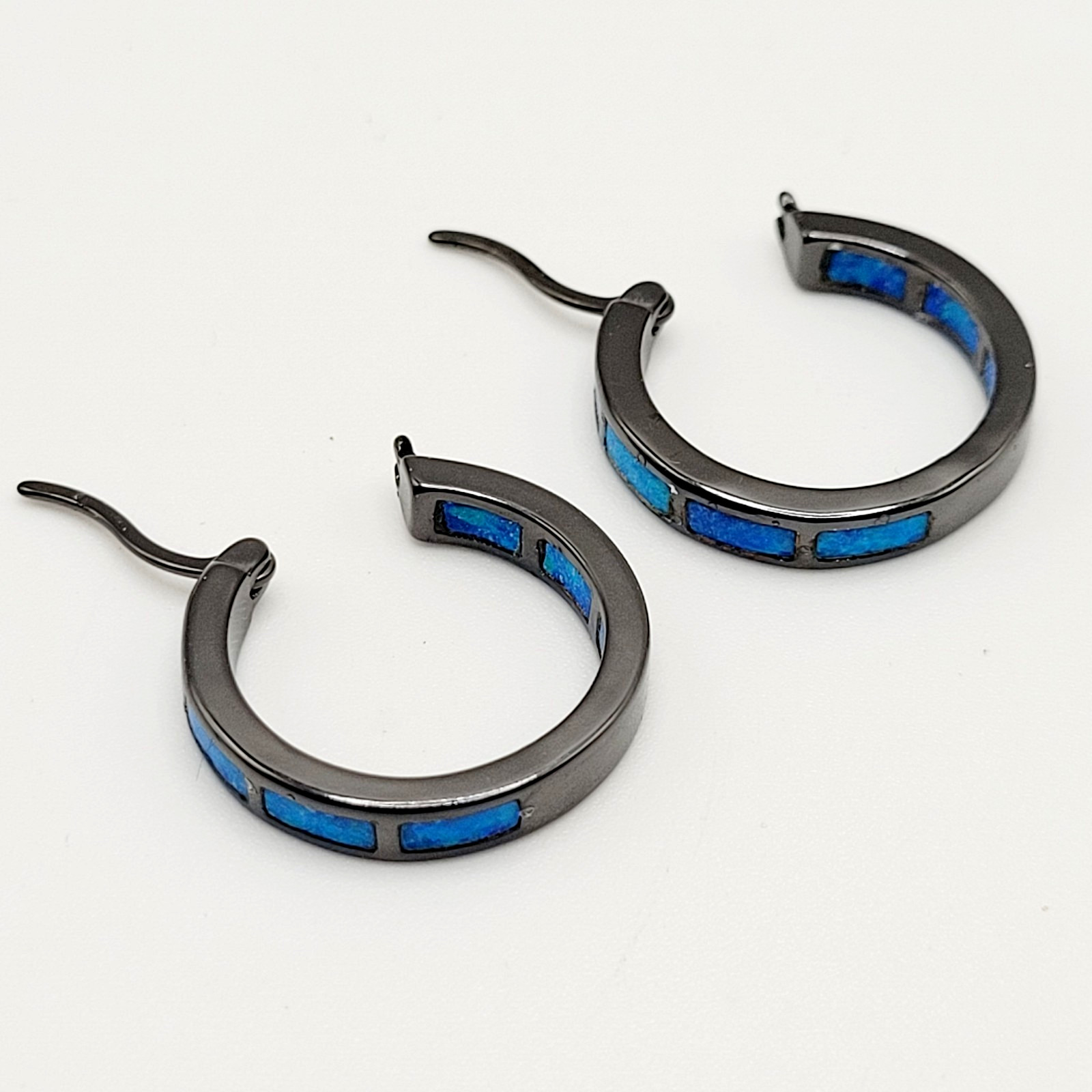 Blue Shade Opal Lab Created Inlay Dark Gunmetal Tone Small Hoop Pierced Earrings