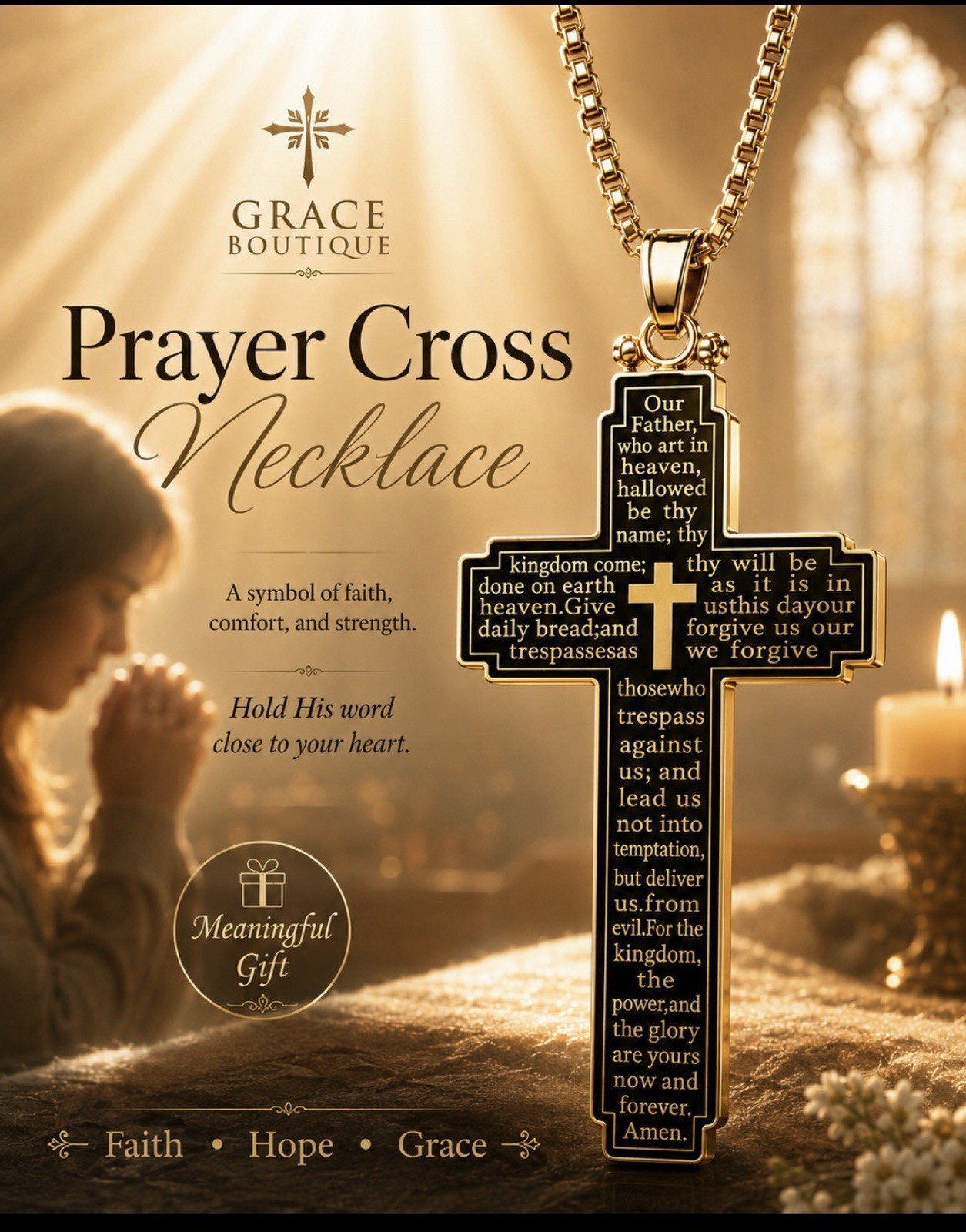 Grace Boutique Prayer Cross Pendant Necklace Gold/Black Metal Box Chain 23.62in