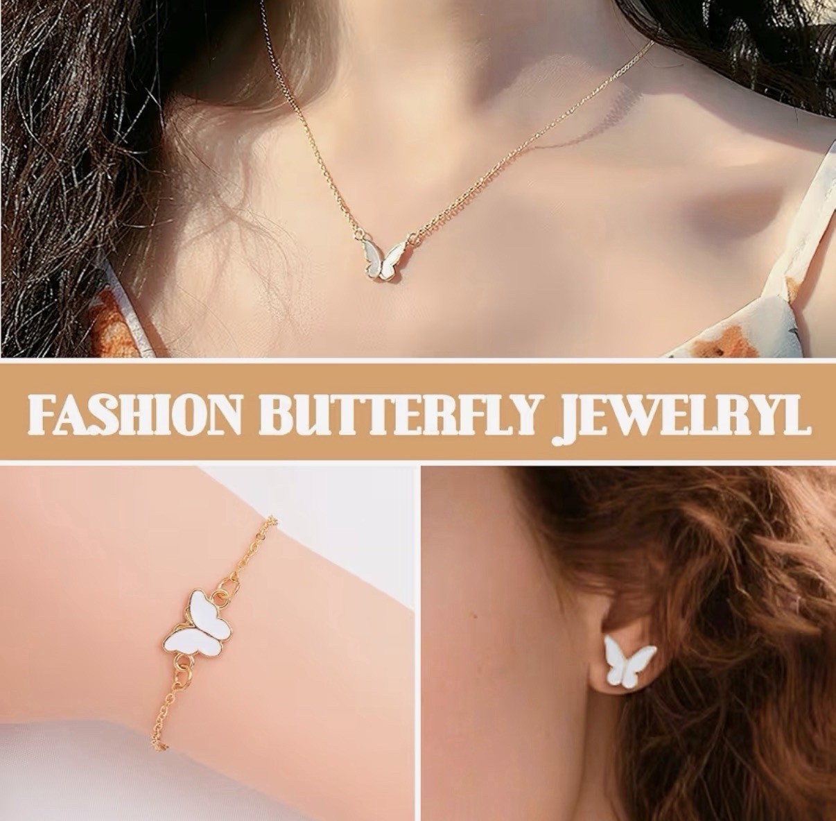 4Pc Butterfly Gold Plated Jewelry Set Necklace Earrings Bracelet Ring for Women