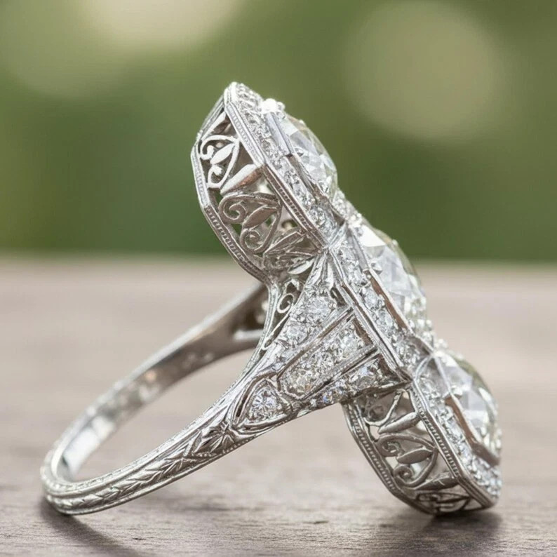Art Deco Lab Created Diamond Old European Edwardian Engagement 925 Silver Rings