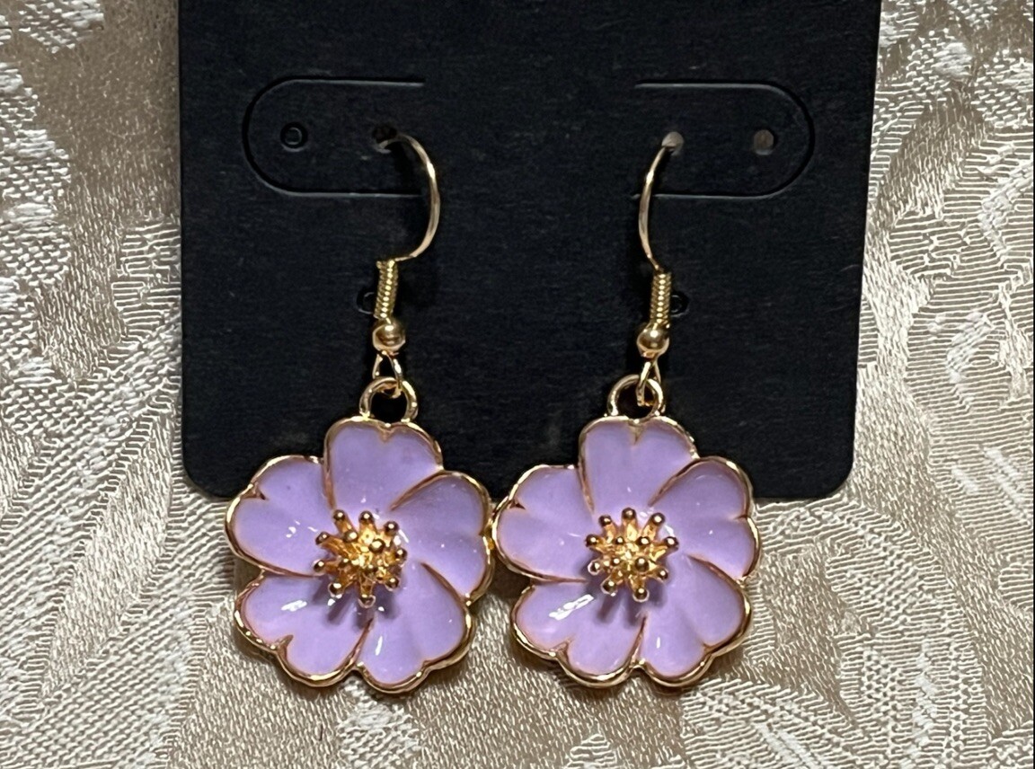 Vintage Purple Floral Enamel Gold Dangle Fashion Bohemian Casual Fun Earrings