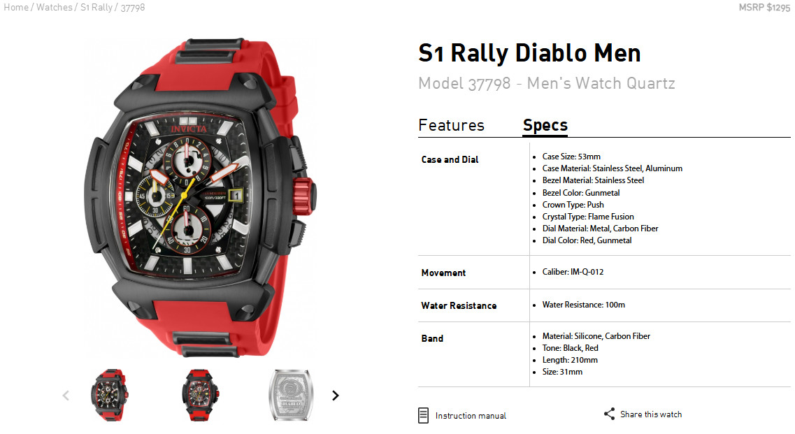 Invicta S1 Rally Diablo 37798 Men’s 53mm Watch Water Resistant 100M