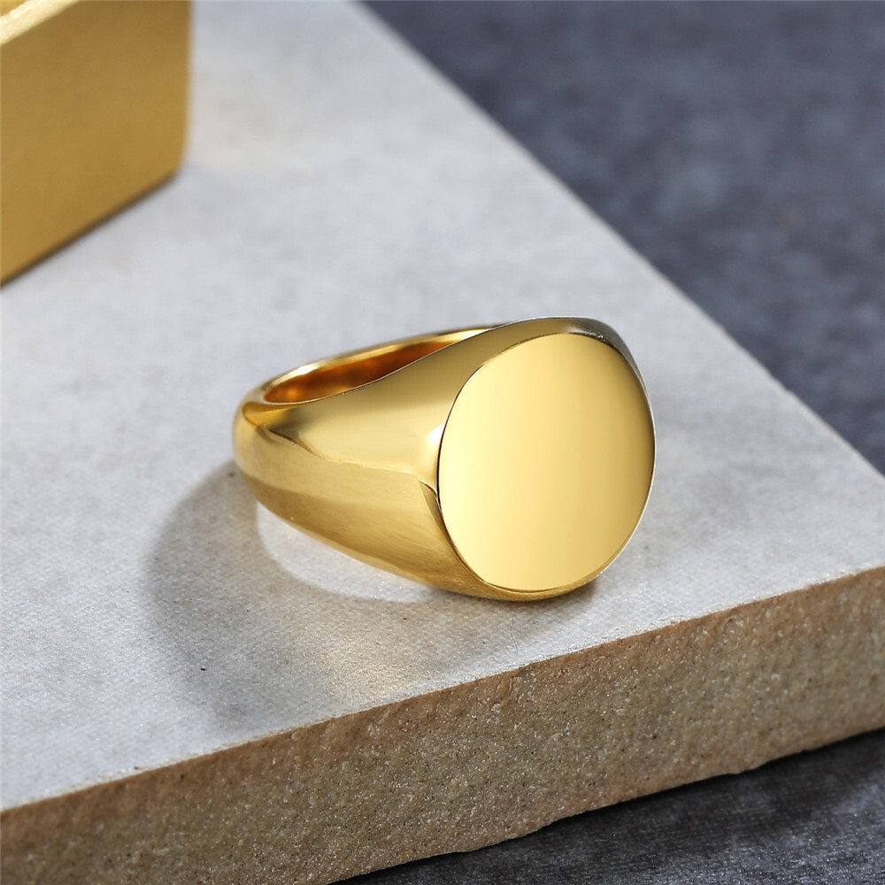 Men Women Gold Stainless Steel Round Signet Ring Band Wedding Jewelry Size 6-12