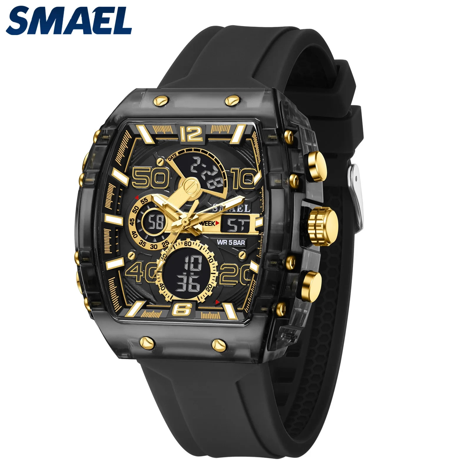 Fashion Men’s Electronic Watch Square Dual Display Waterproof Luminous Multi-Col