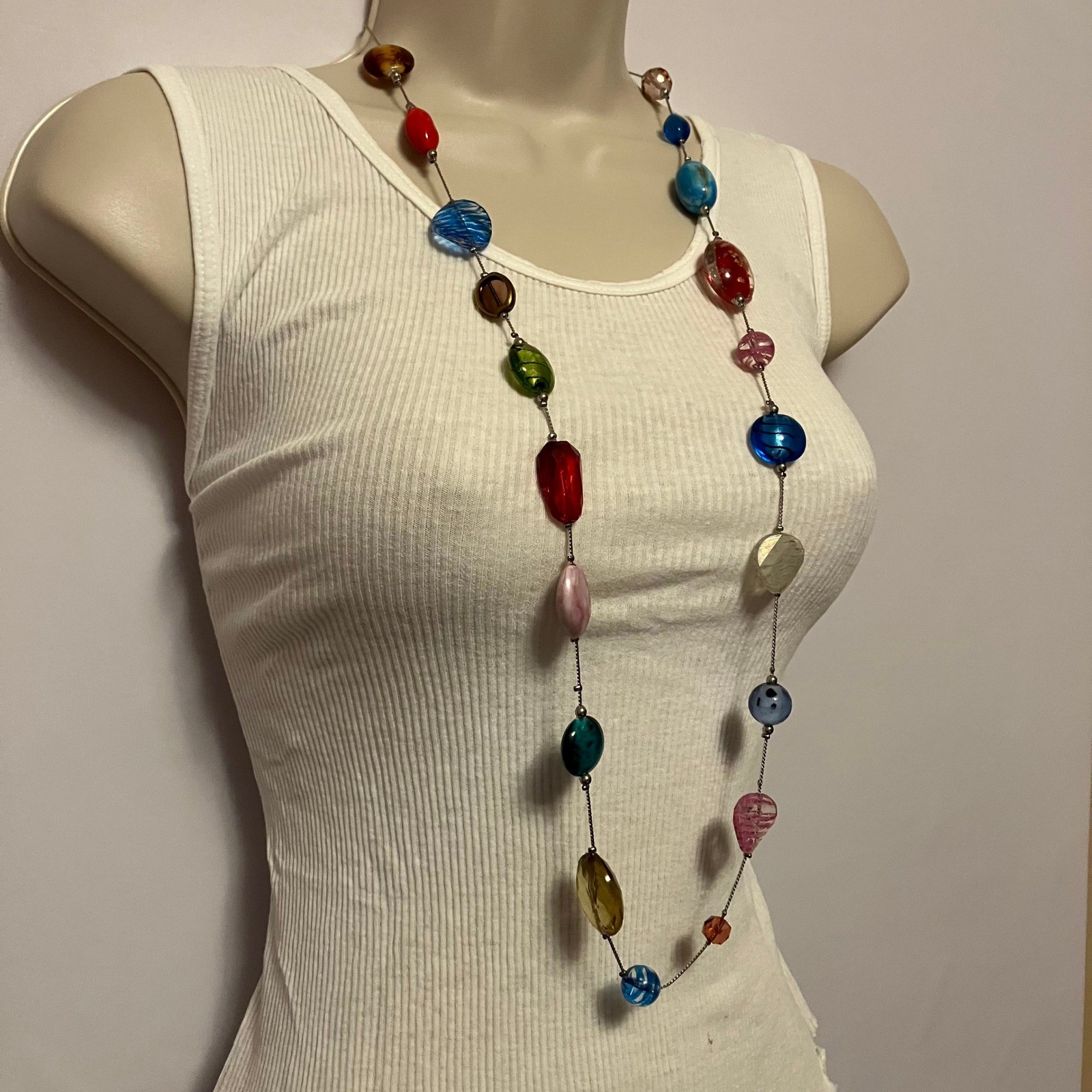 Colorful Resin Bead Statement Necklace Long Boho Artisian Fashion Jewelry