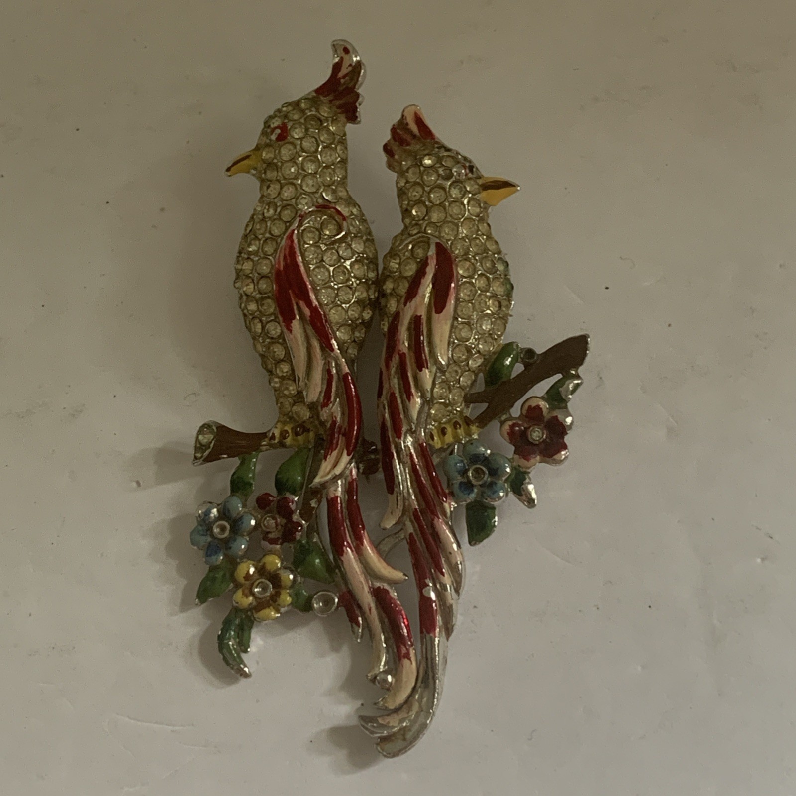 RARE Vtg CORO Duette 1940’s Rhinestone & Enamel Calopitta Brooch/Fur Clip