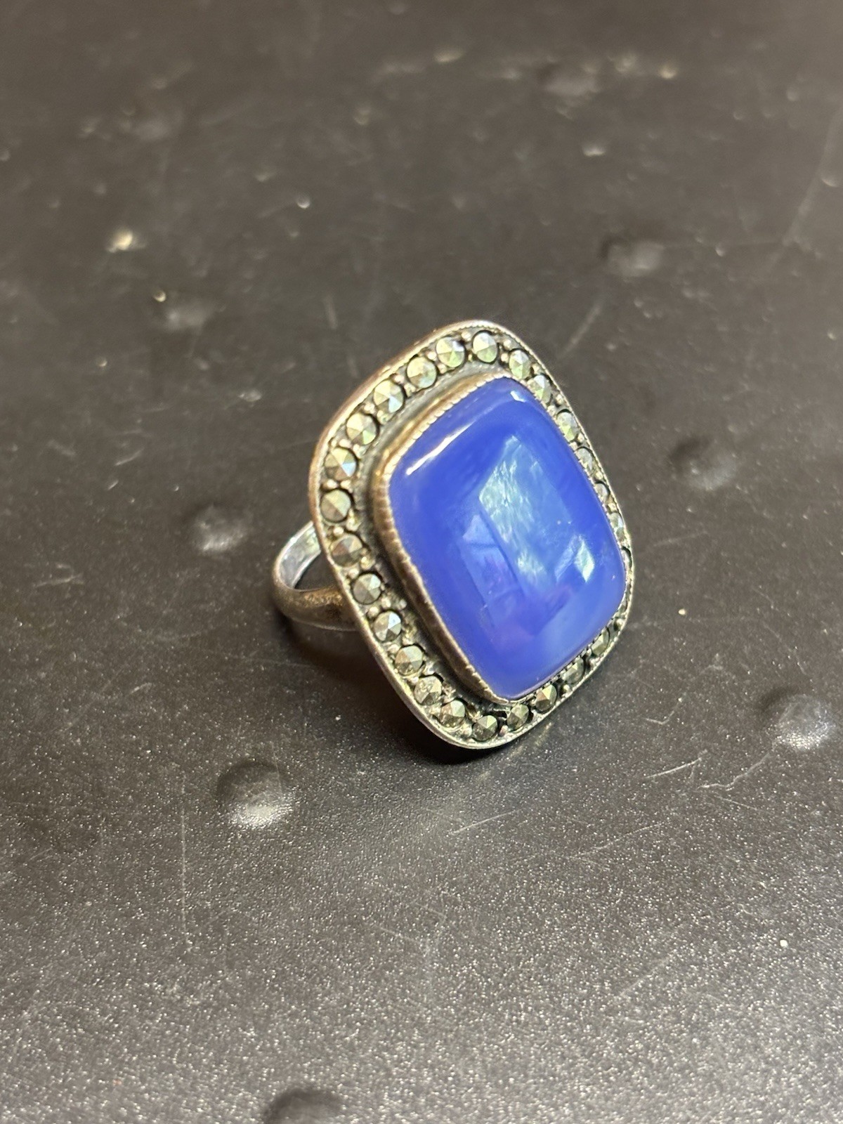 Vintage Sterling Silver Lapis Lazuli Marcasite Statement Ring Sz 3.75