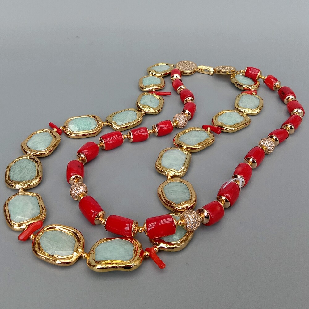 2 Strands Red Coral Green Amazonite Necklace Cubic Zirconia Pave Clasp 21″