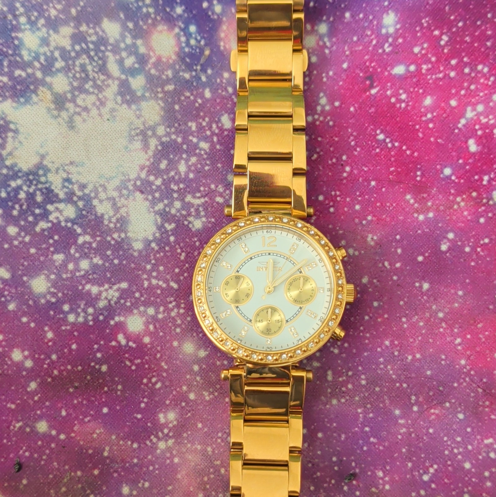 Invicta Women’s Quartz Chronograph Gold Tone Bracelet Watch Gem-Set Bezel