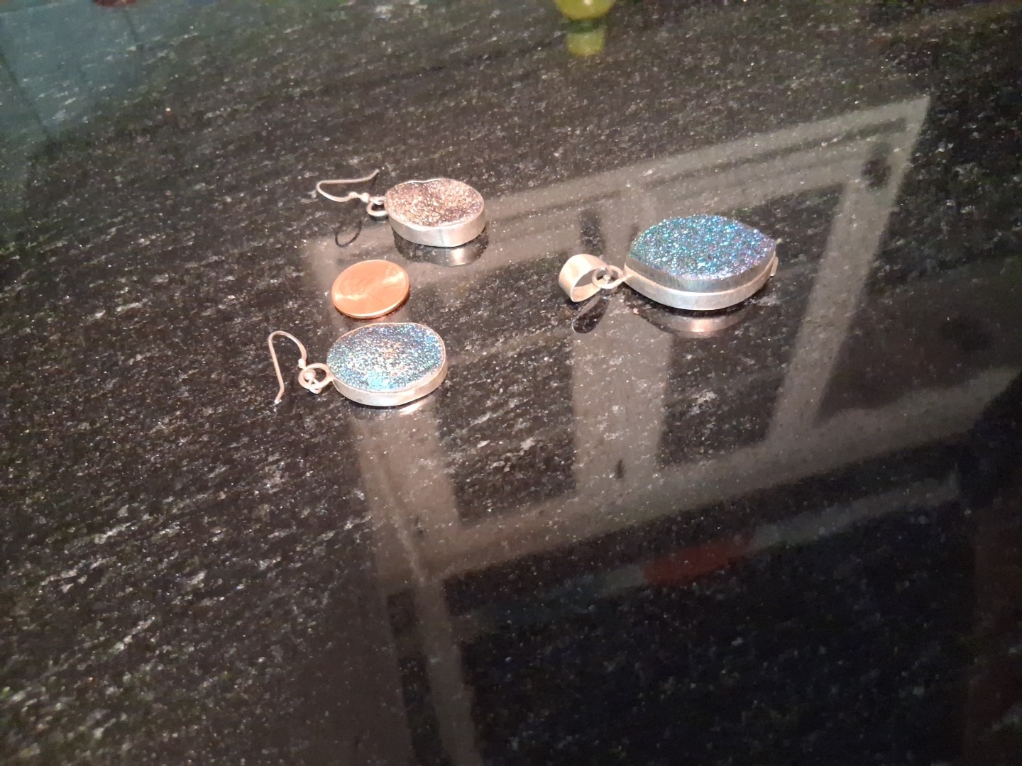 ​Iridescent Blue Aura Druzy 925 Sterling Silver Set 28.5g Pendant/Earrings