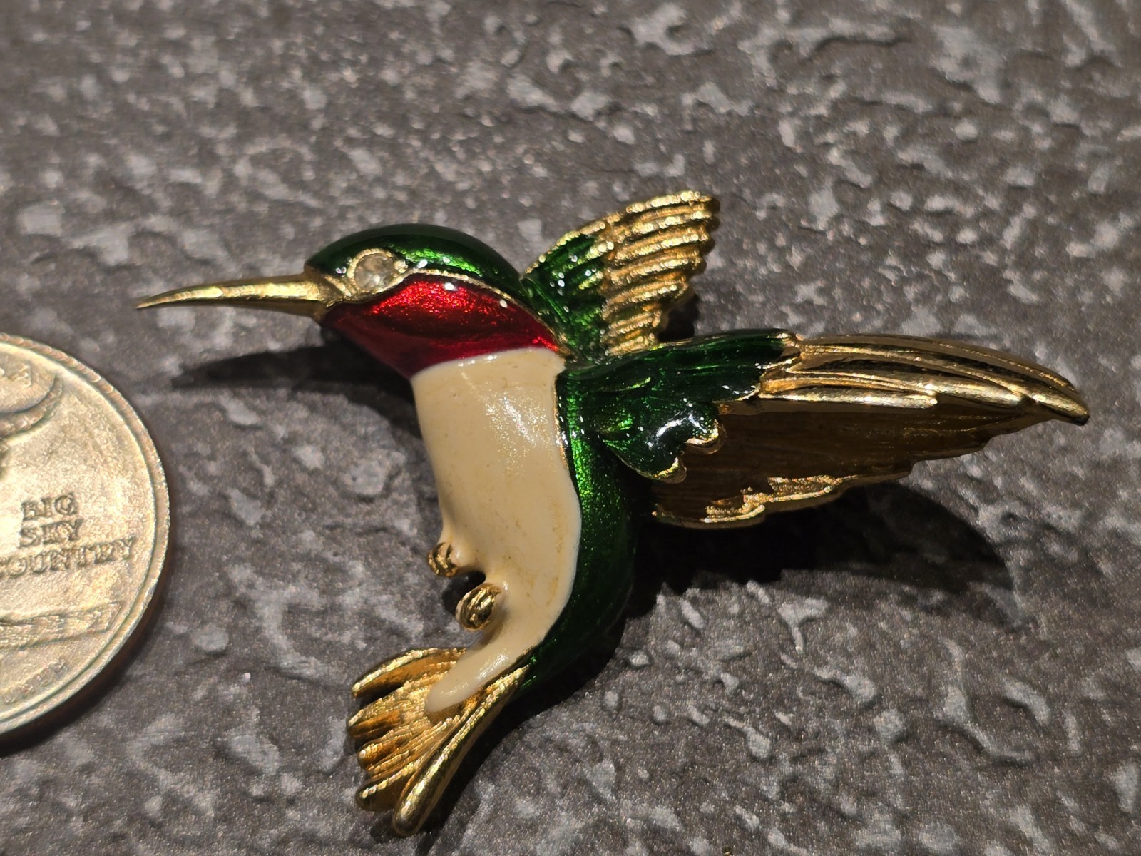 SPRWG Signed Hummingbird Enamel Brooch Pin Gold Tone Green Red White Metal