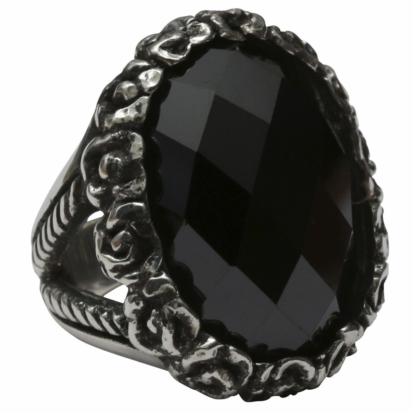 Femme Metale Ornate Ring Around The Rosie Huge Black CZ Sterling Silver 925 Rose