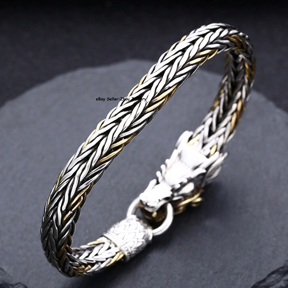 Pure S925 Sterling Silver Chain Dragon Head Wheat Link Bracelet 7.1-7.9inch
