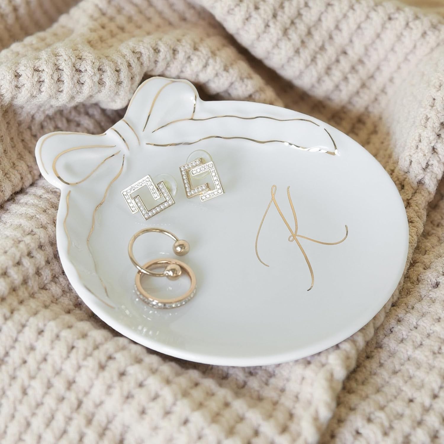 Ceramic Jewelry Tray, Monogram Trinket Dish with Bow (K) | Mothers Day Graduatio