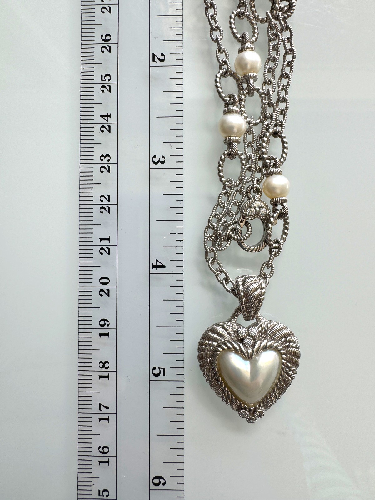 Judith Ripka 925 Sterling Silver MOP Heart Pendant & Station Chain Necklace