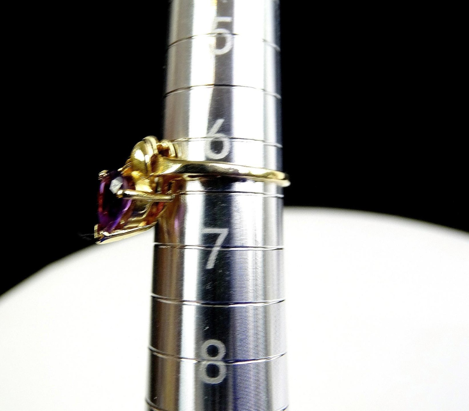 14K Yellow Solid Gold 3.2 Grams Size 6.5″ Pear Shape Amethyst Diamond Ring 1980