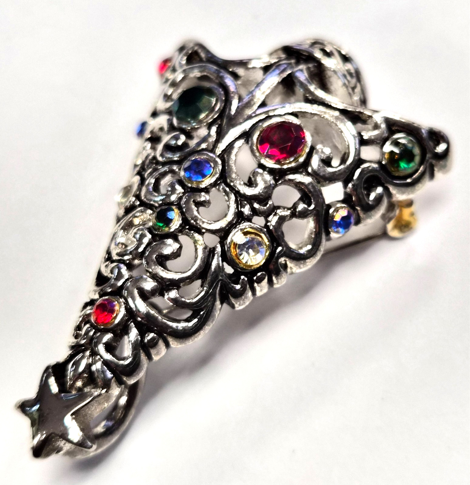 Estate Silver Tone & Rhinestone Christmas Tree Open Scroll Pendant Pin / Brooch