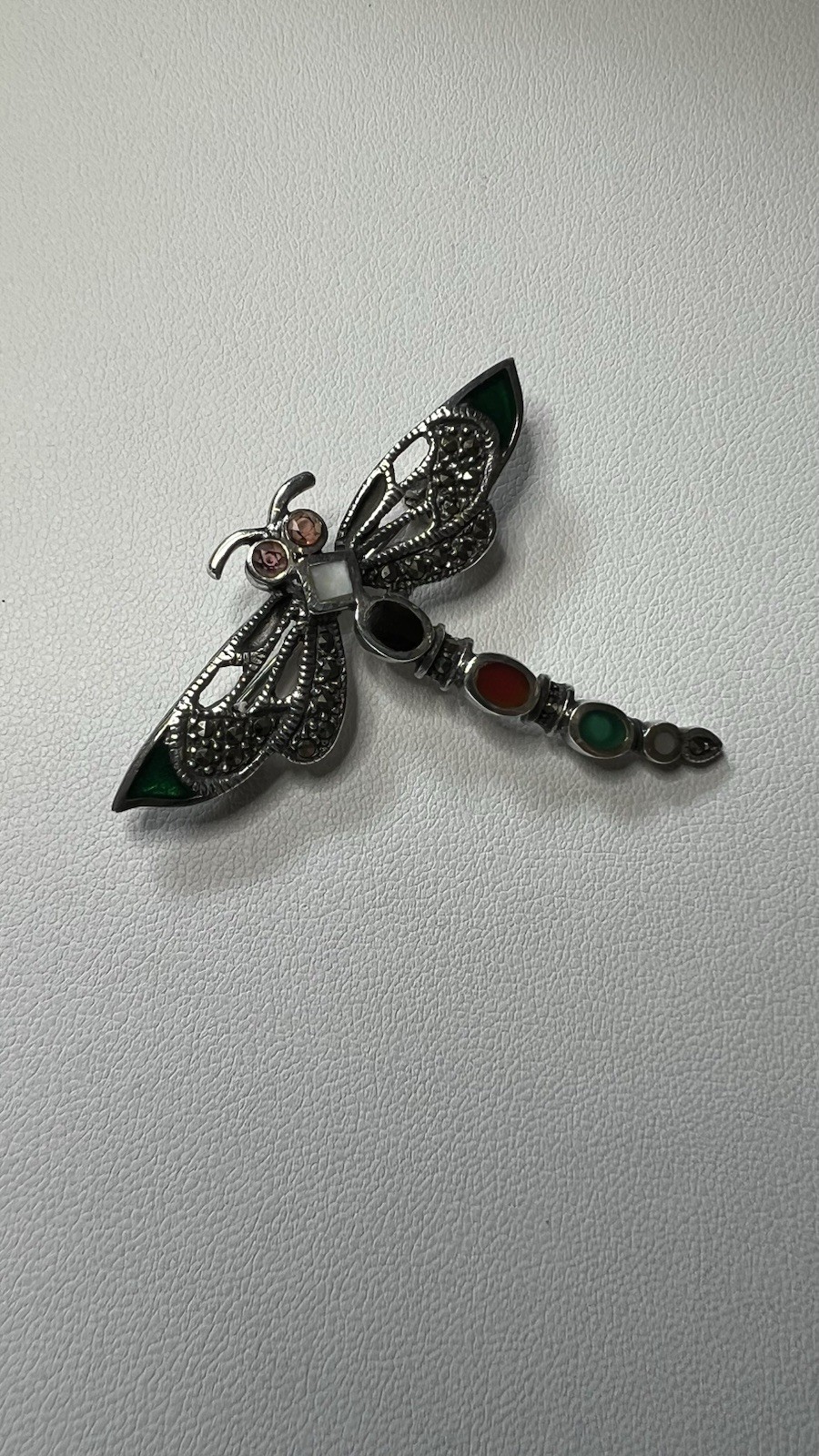 925 Silver Dragonfly Brooch Pin Enamel and Natural Stones Marcasite, 2.5 in