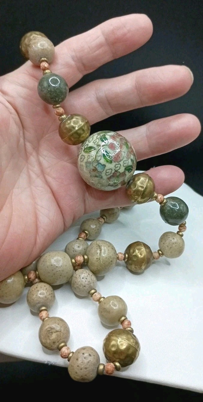 Vintage Chinese Export Cloisonne Floral Beaded Necklace Clay Brass 32” Long