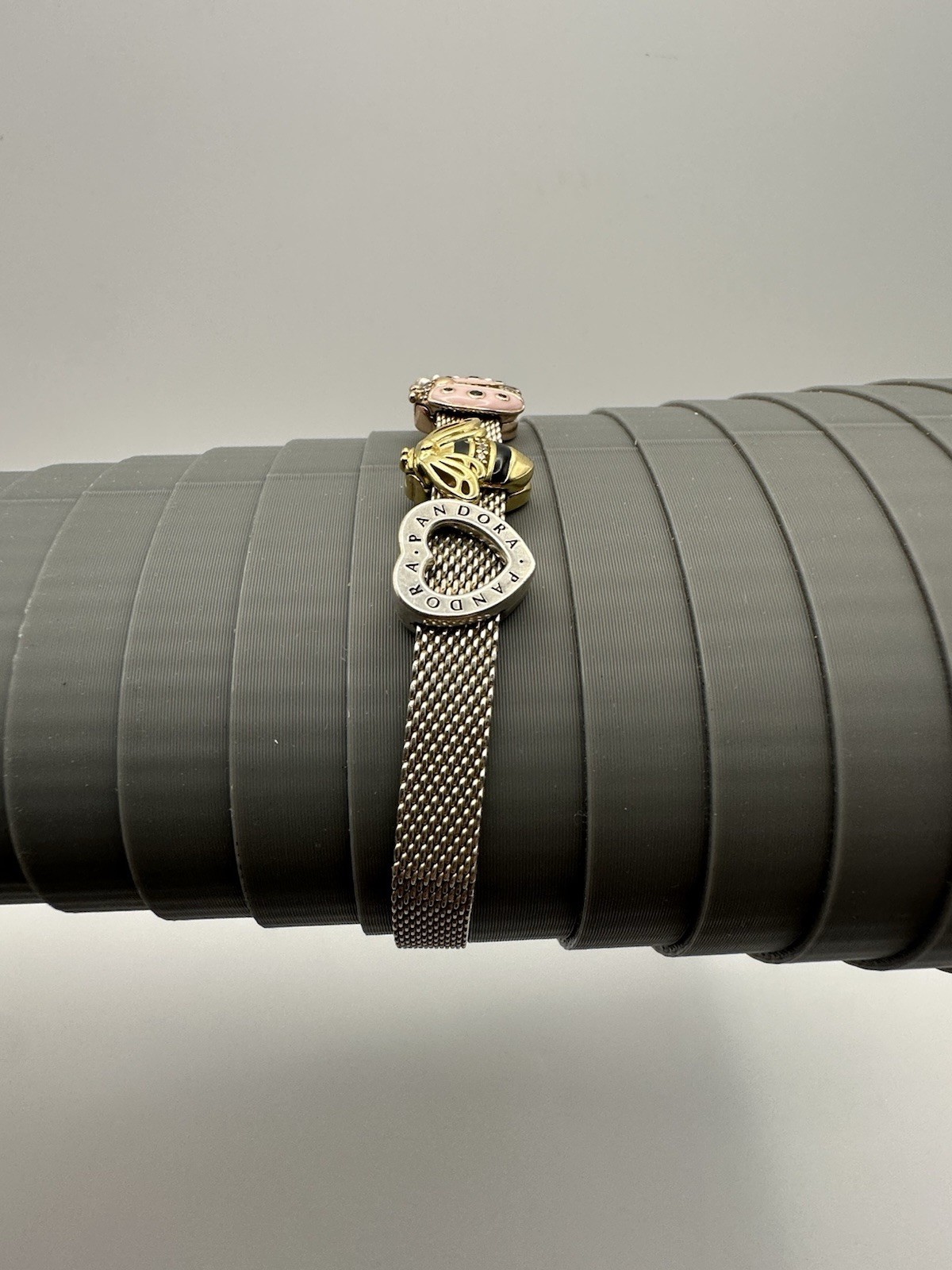 Genuine Pandora Reflections Mesh Bracelet Sterling Silver With 4 Charms 8” Long