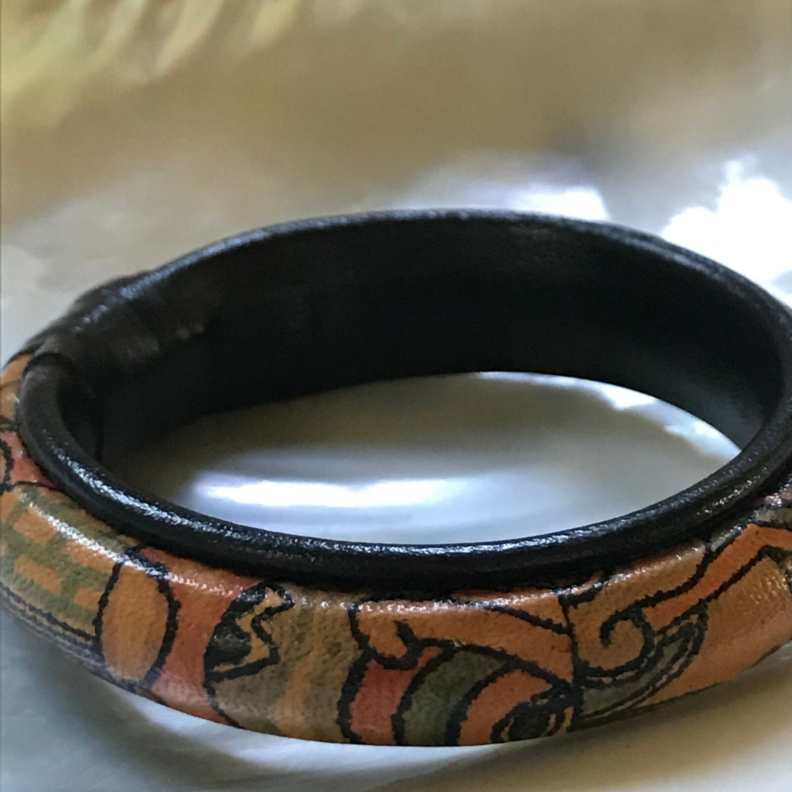 Estate Black with Brown Faded Blue Pink & Orange Arts & Craft Leather Bangle