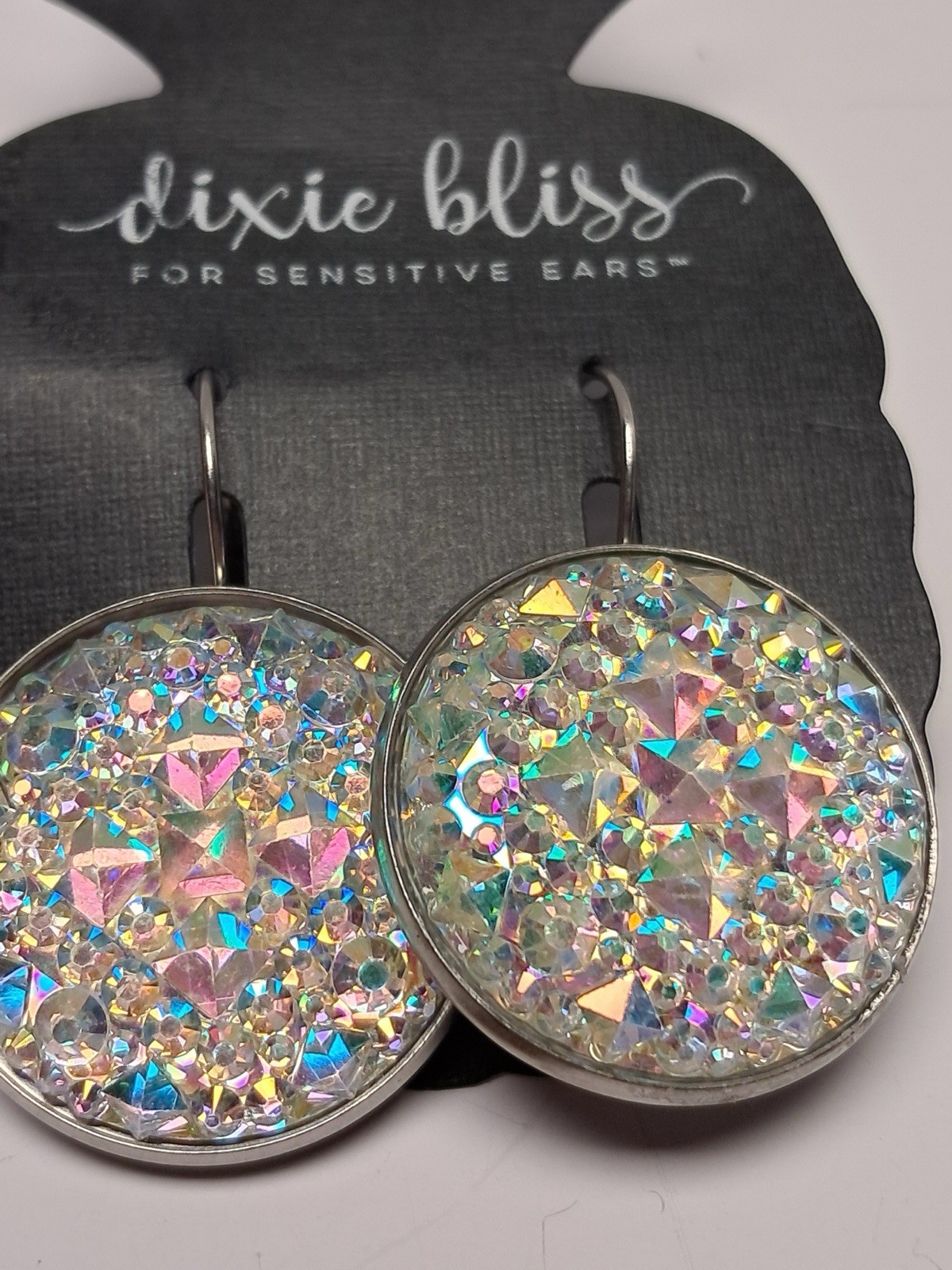 Dixie Bliss AB Druzy Crystal Statement Earrings Silver Tone Leverback