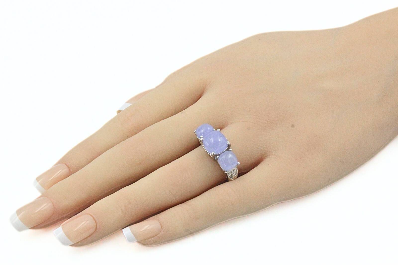 STS Karis Signed Contemporary Rhodium Plate 3 Stone Jade Ring Sz 7