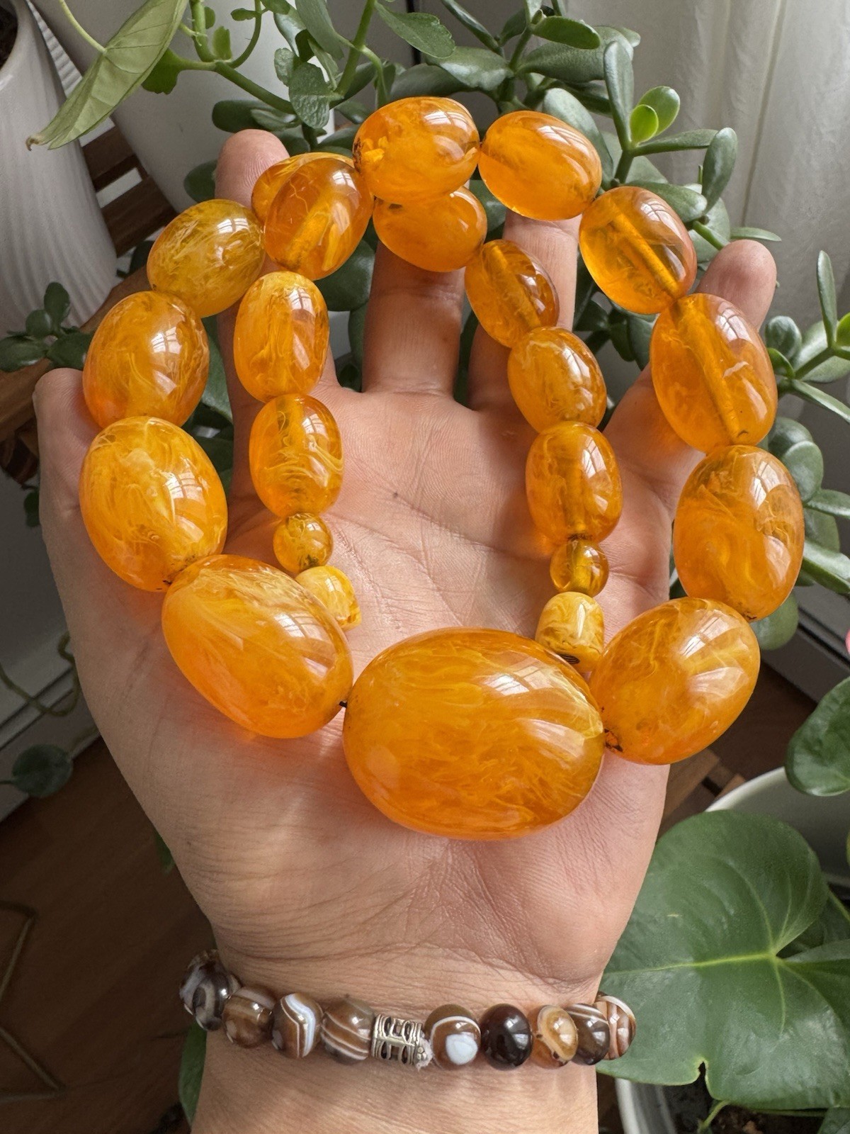 Vintage Style Translucent,Graduated Honey & Egg Yolk Amber Resin Necklace 162 gr