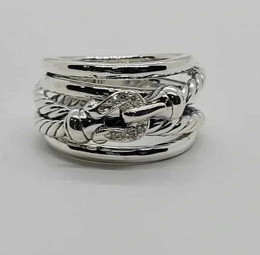 David Yurman Sterling Silver and Diamonds Buckle Crossover Ring Size 7