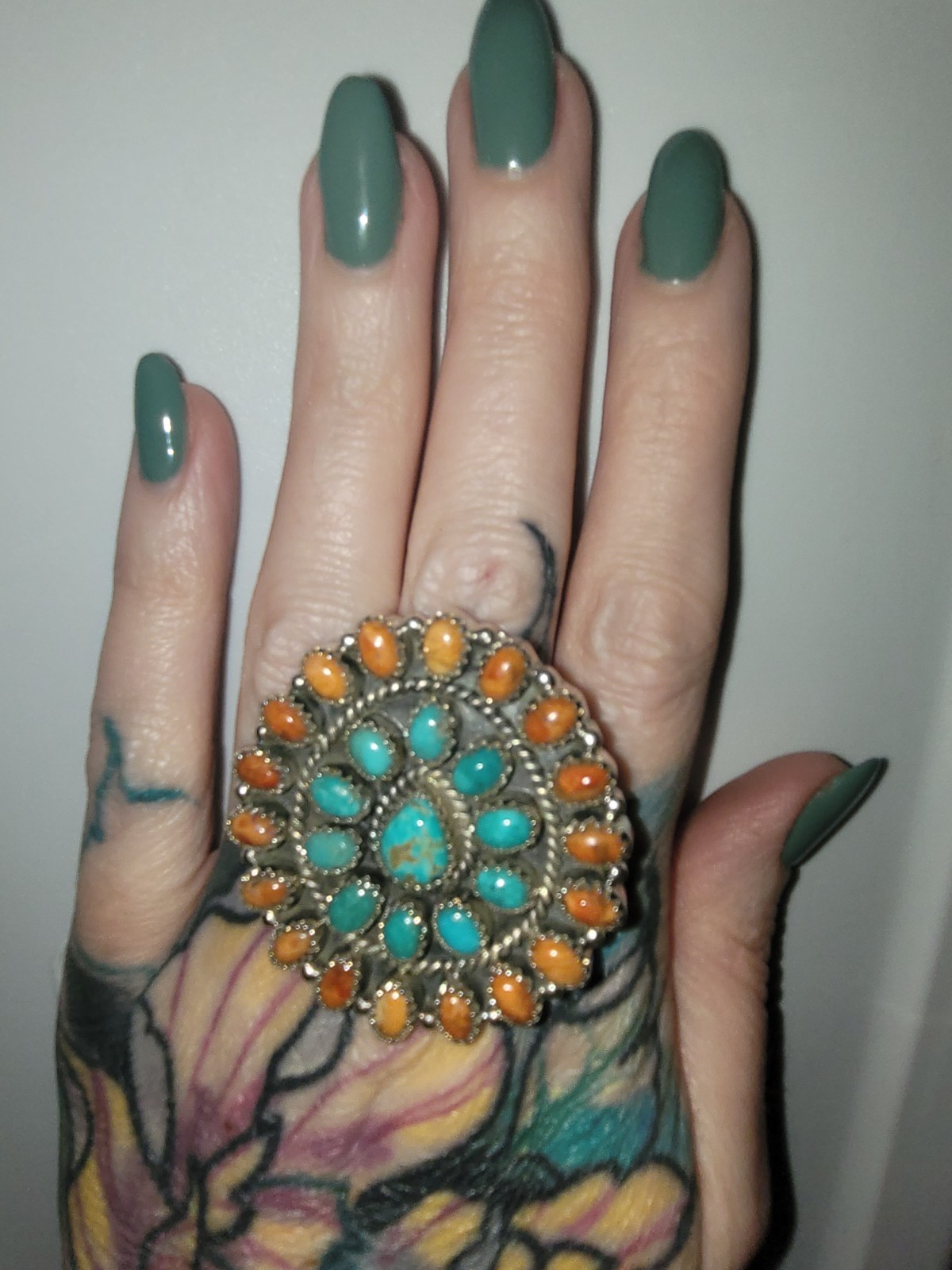 Turquoise & Orange Mojave SS 925 Adjustable Handmade Statement Ring -closed back